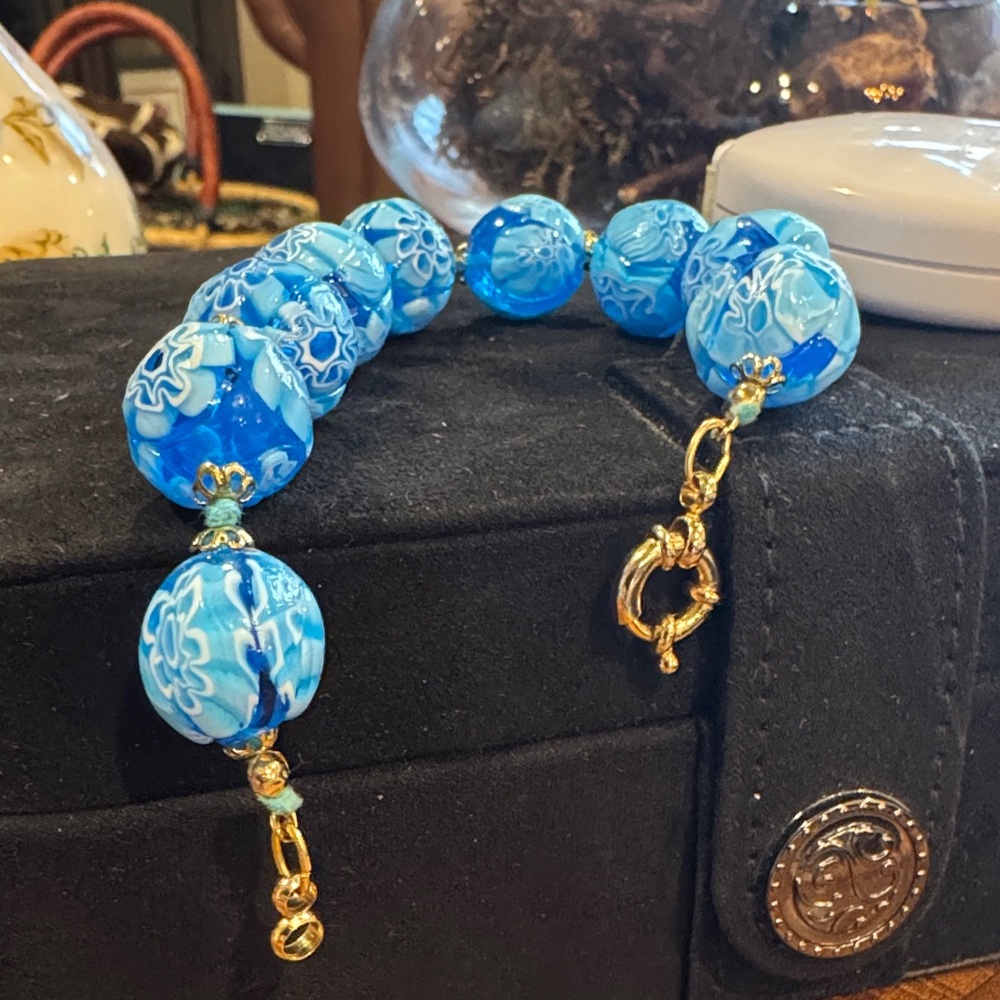 Blue And Gold Beaded Bracelet Murano Venetian Glass